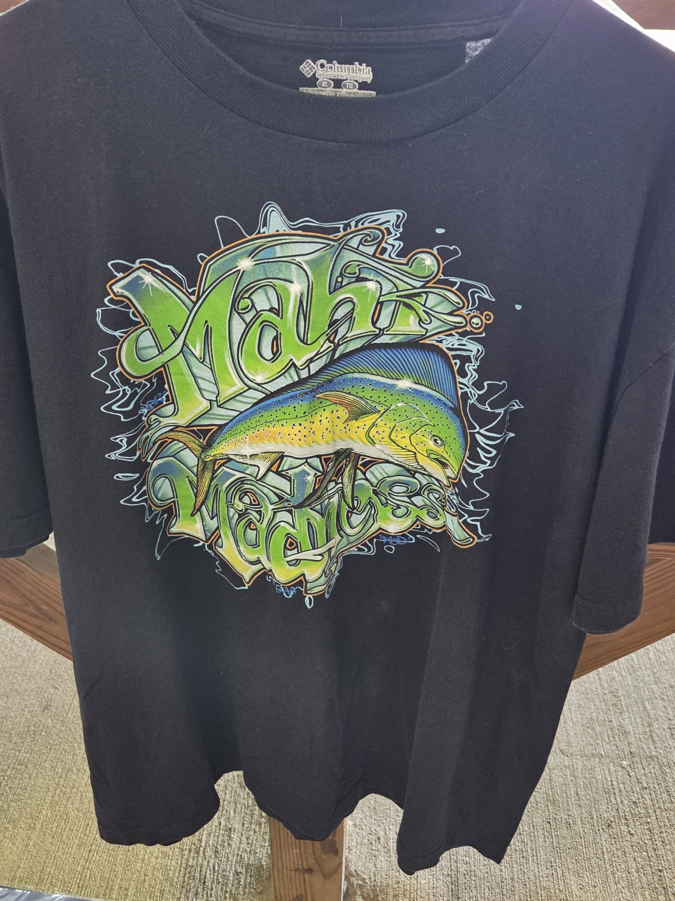 Columbia Black Graphic Fishing Tee With Green & Blue Fish Design
